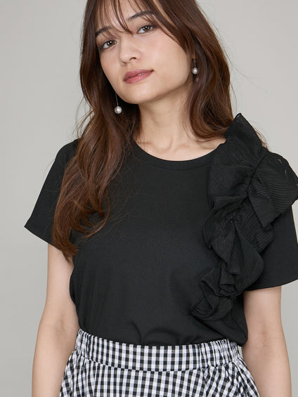 アシメショルダーフリルTシャツ≪手洗い可能≫