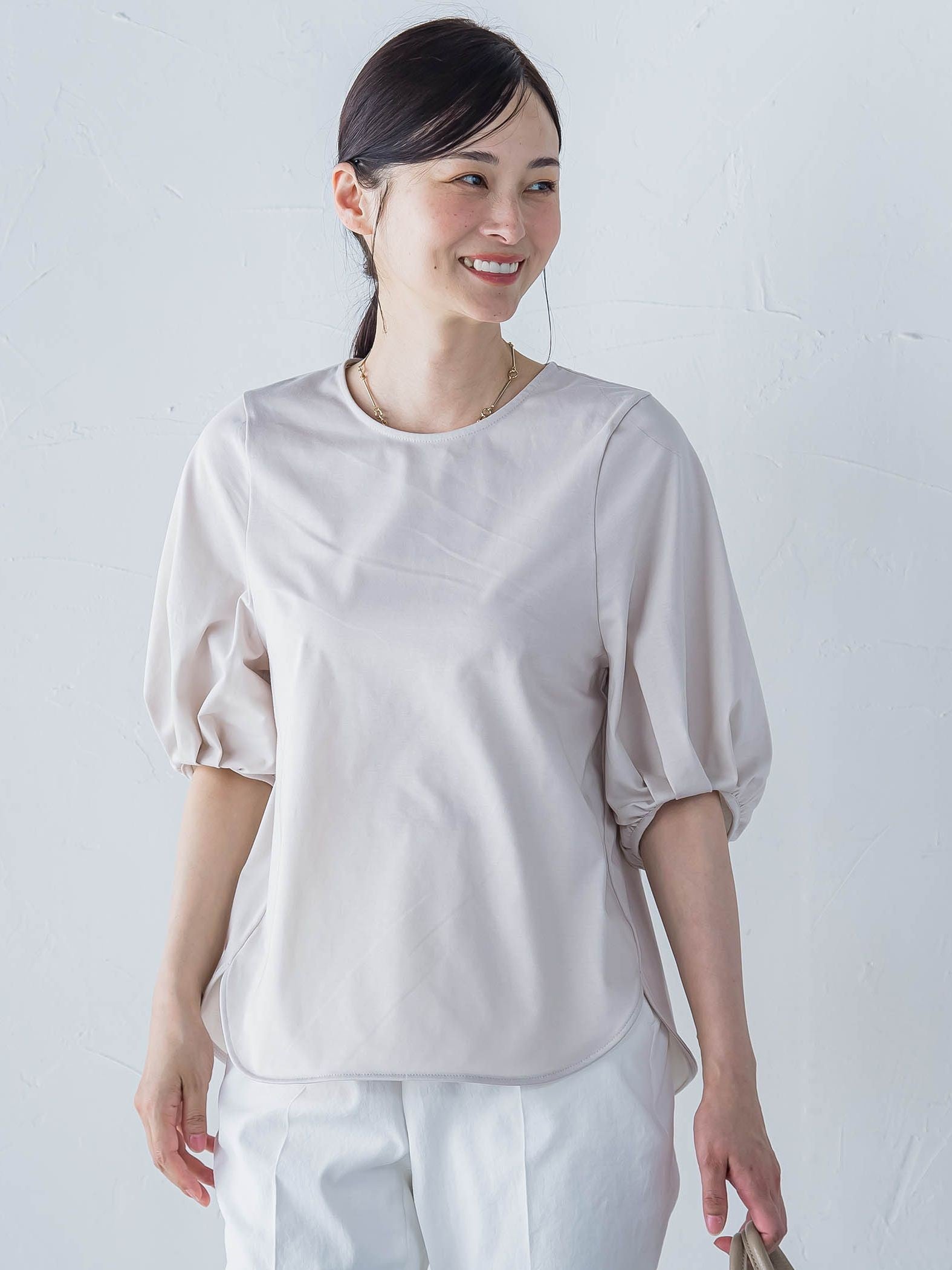 【WEB限定】きれいめハーフスリーブカットソー ≪接触冷感／洗濯機OK≫