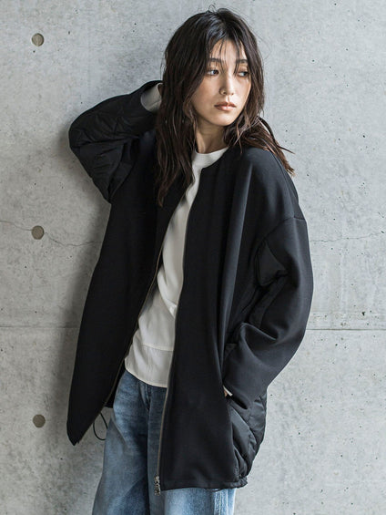ダンボール×キルティングロングノーカラーブルゾン