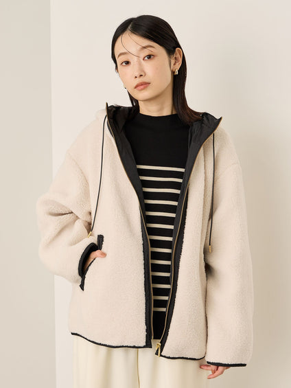 配色ボアフーディコクーンブルゾン