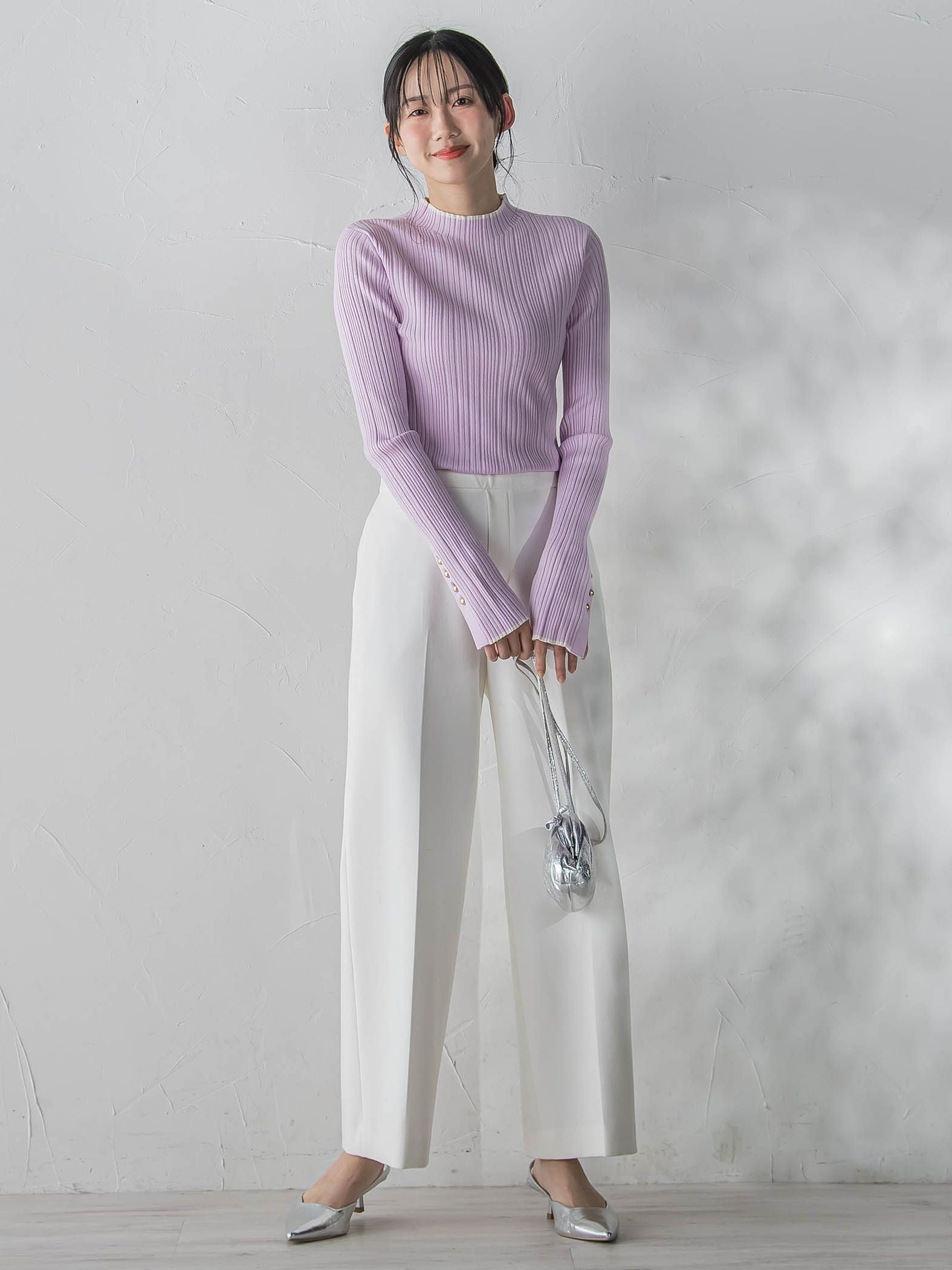 【新色追加】袖ボタンランダムリブニット≪手洗い可能≫