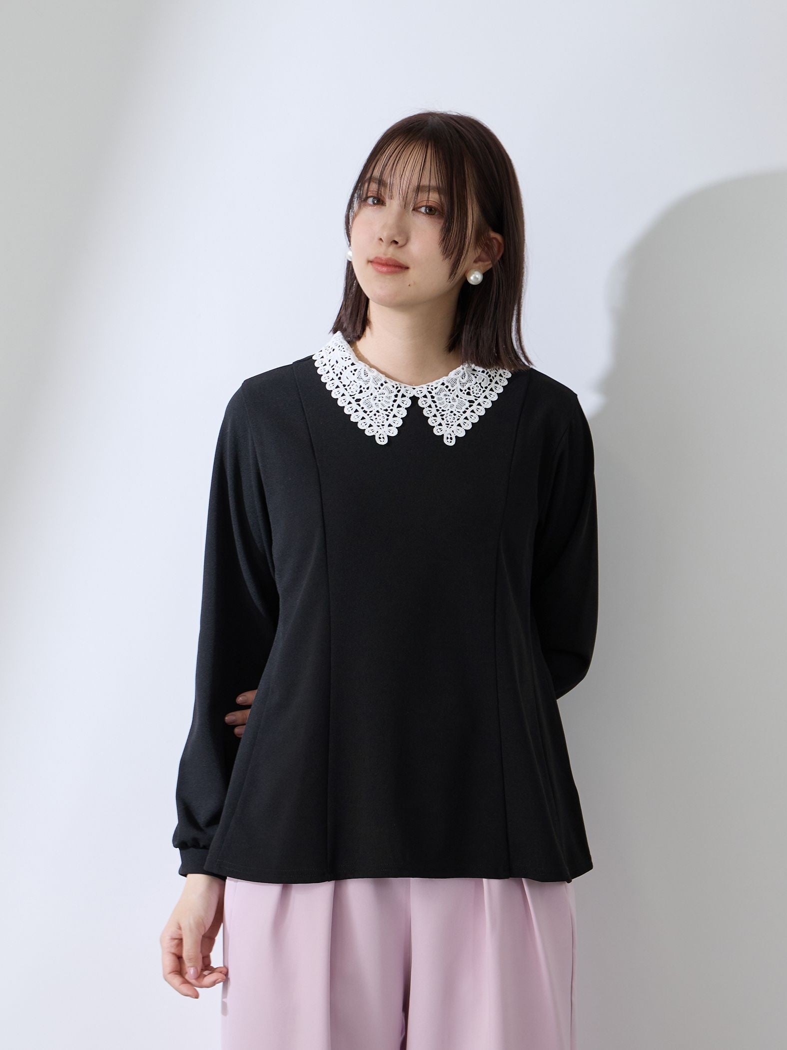 カットジョーゼットレースカラーフレアプルオーバー