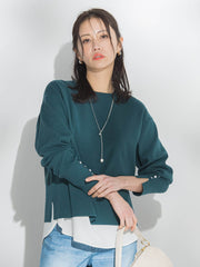 【新色追加】袖ボタンクルーネックニット ≪手洗い可能≫