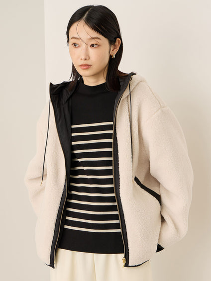 配色ボアフーディコクーンブルゾン