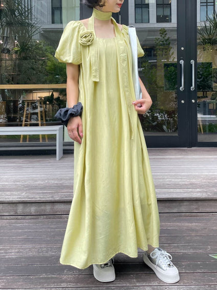 【ENIM BY VICKY】ローズコサージュ付きスクエアネックギャザーワンピース《洗濯機で洗える》