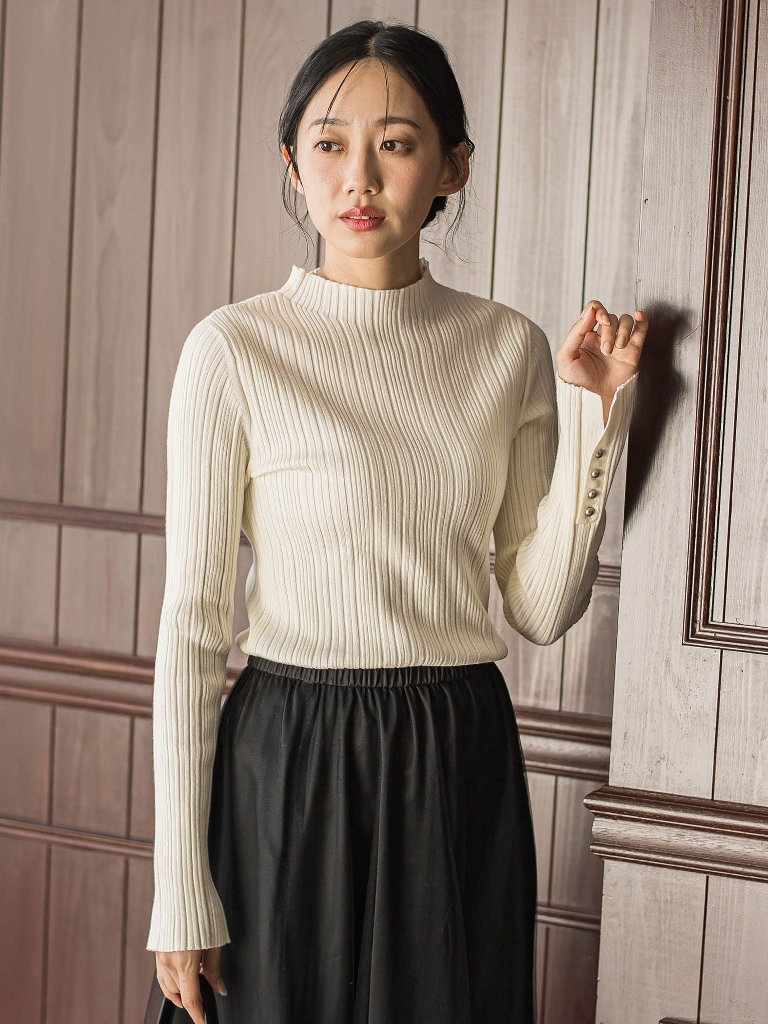 袖ボタンランダムリブニット≪手洗い可能≫