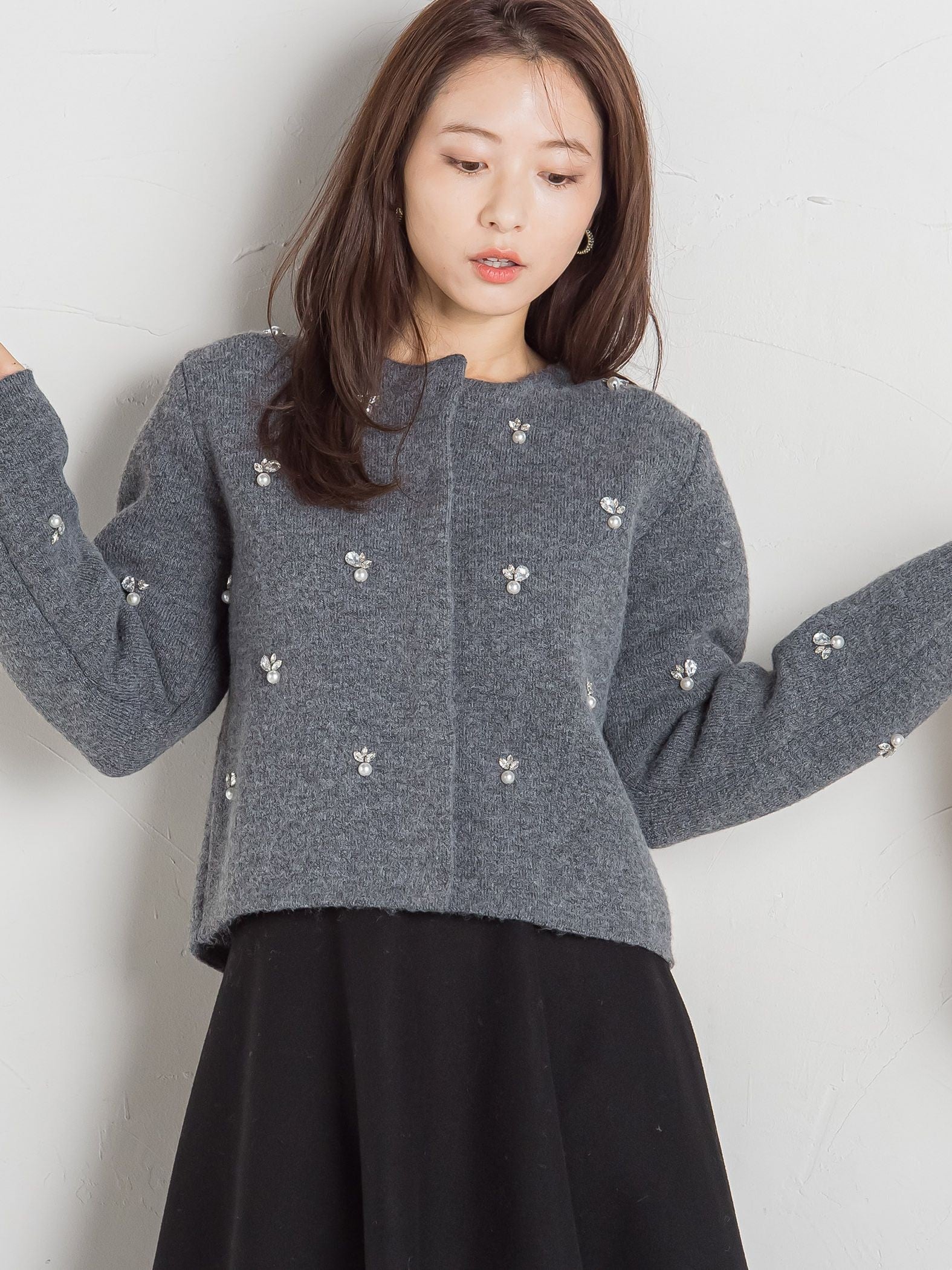 再入荷】ヘアリーヤーンビジューニットジャケット≪手洗い可能