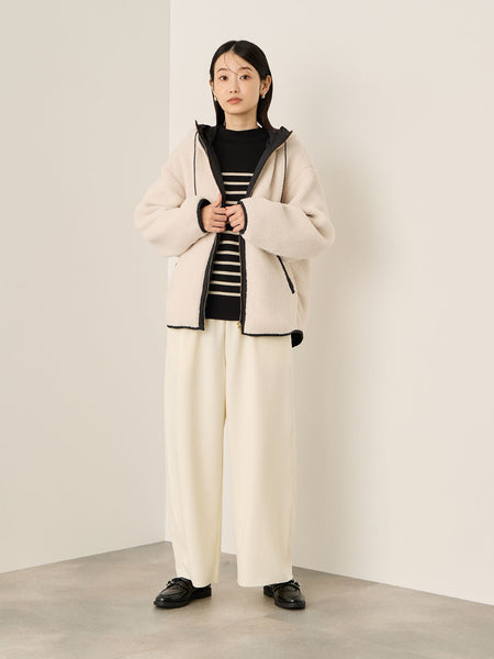 配色ボアフーディコクーンブルゾン