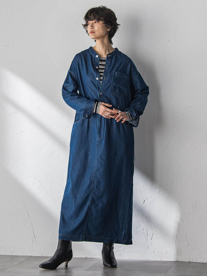 デニムバンドカラーシャツワンピース