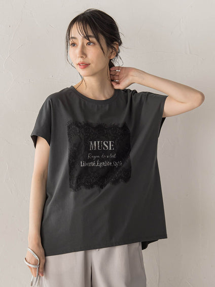 レースたたき付けプリントTシャツ