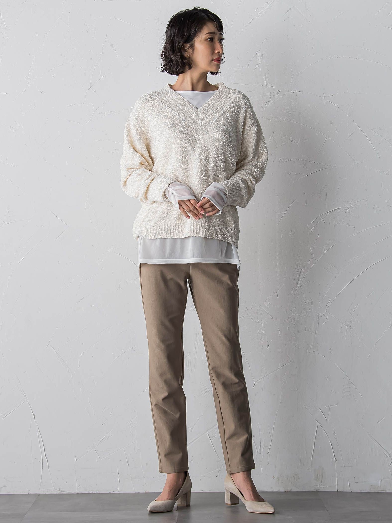 【大きいサイズ】ツヤモールVネックニット