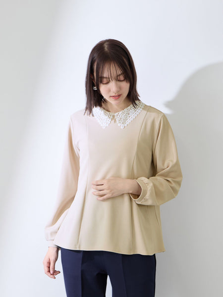 カットジョーゼットレースカラーフレアプルオーバー