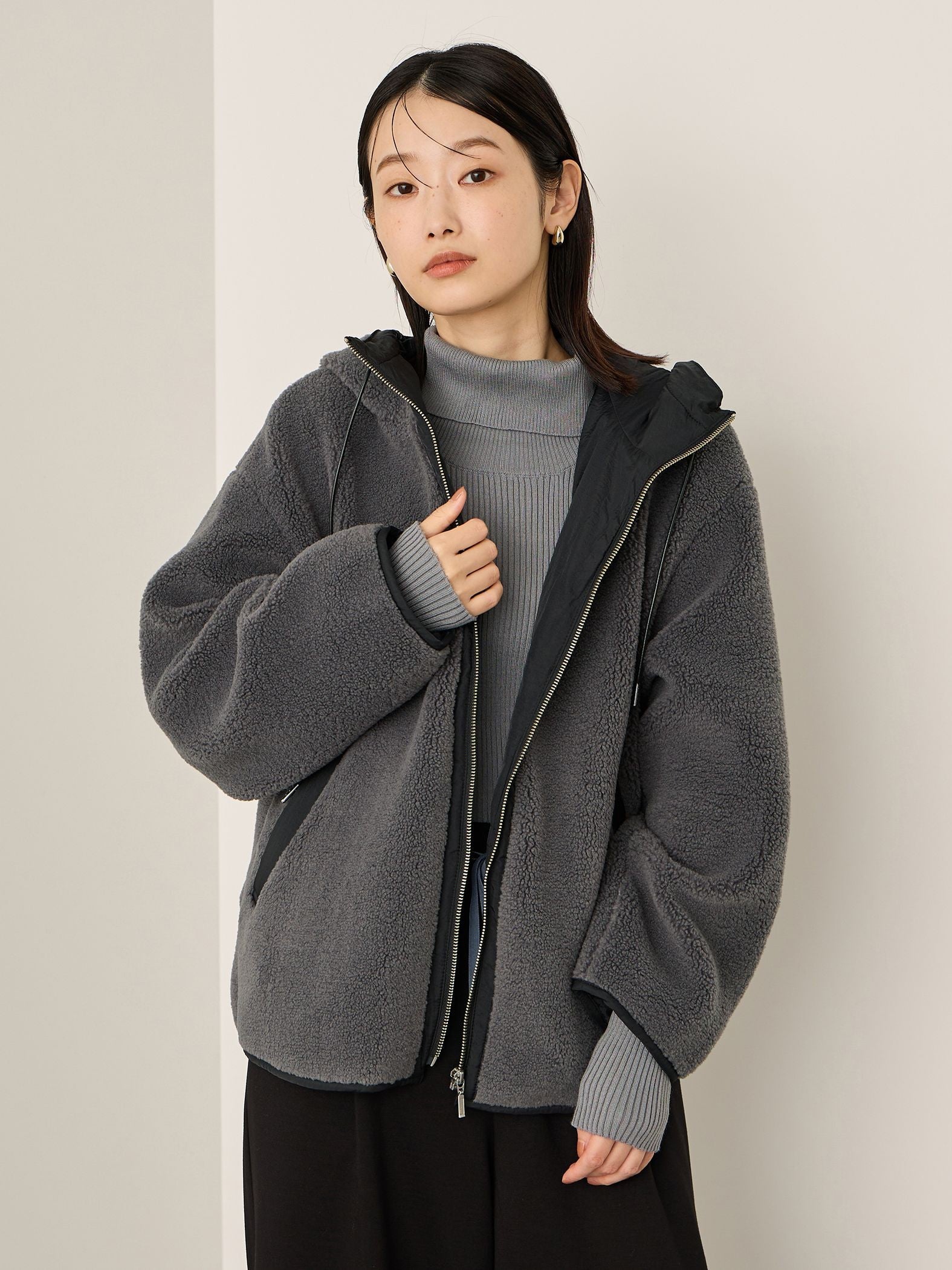 配色ボアフーディコクーンブルゾン