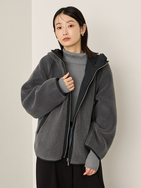 配色ボアフーディコクーンブルゾン