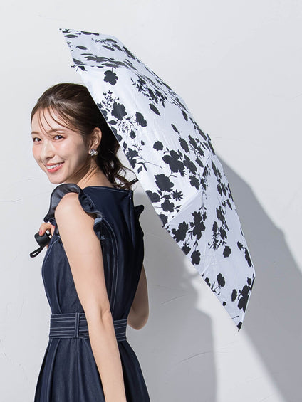 【晴雨兼用】モノトーンフラワー折りたたみ傘ホワイト