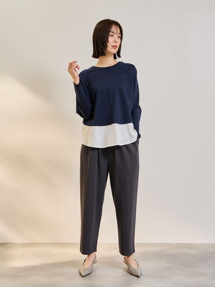 ポンチローマ異素材ラウンドヘムカットソー