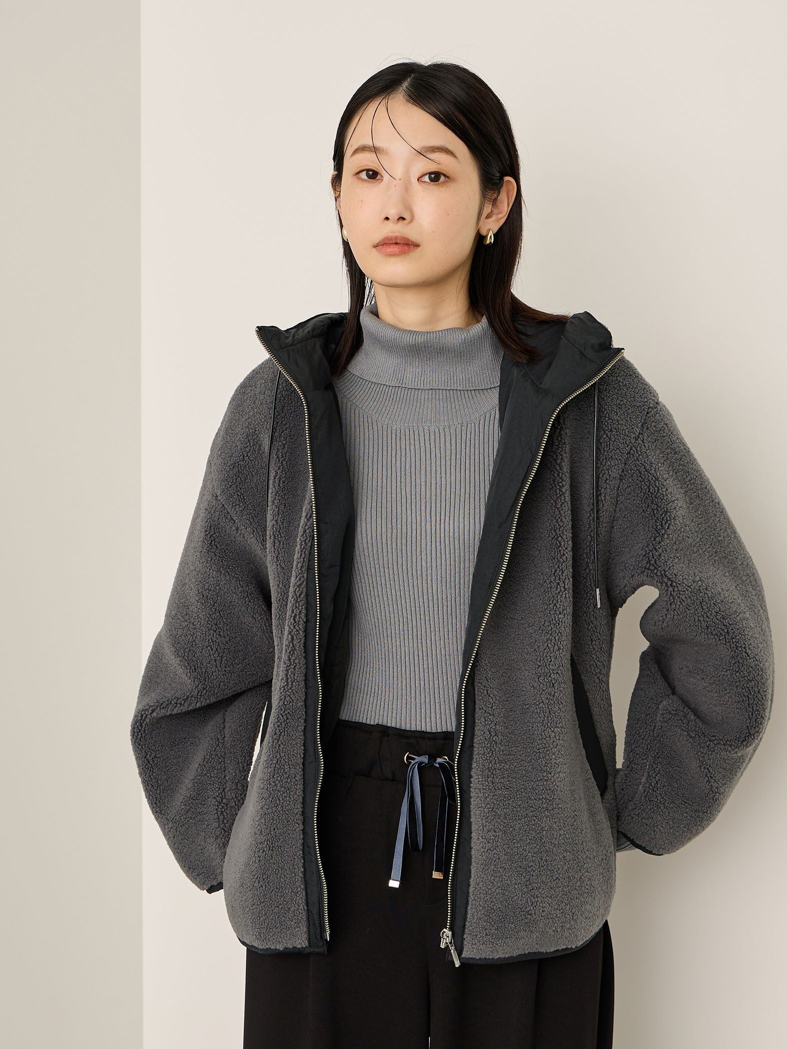 配色ボアフーディコクーンブルゾン