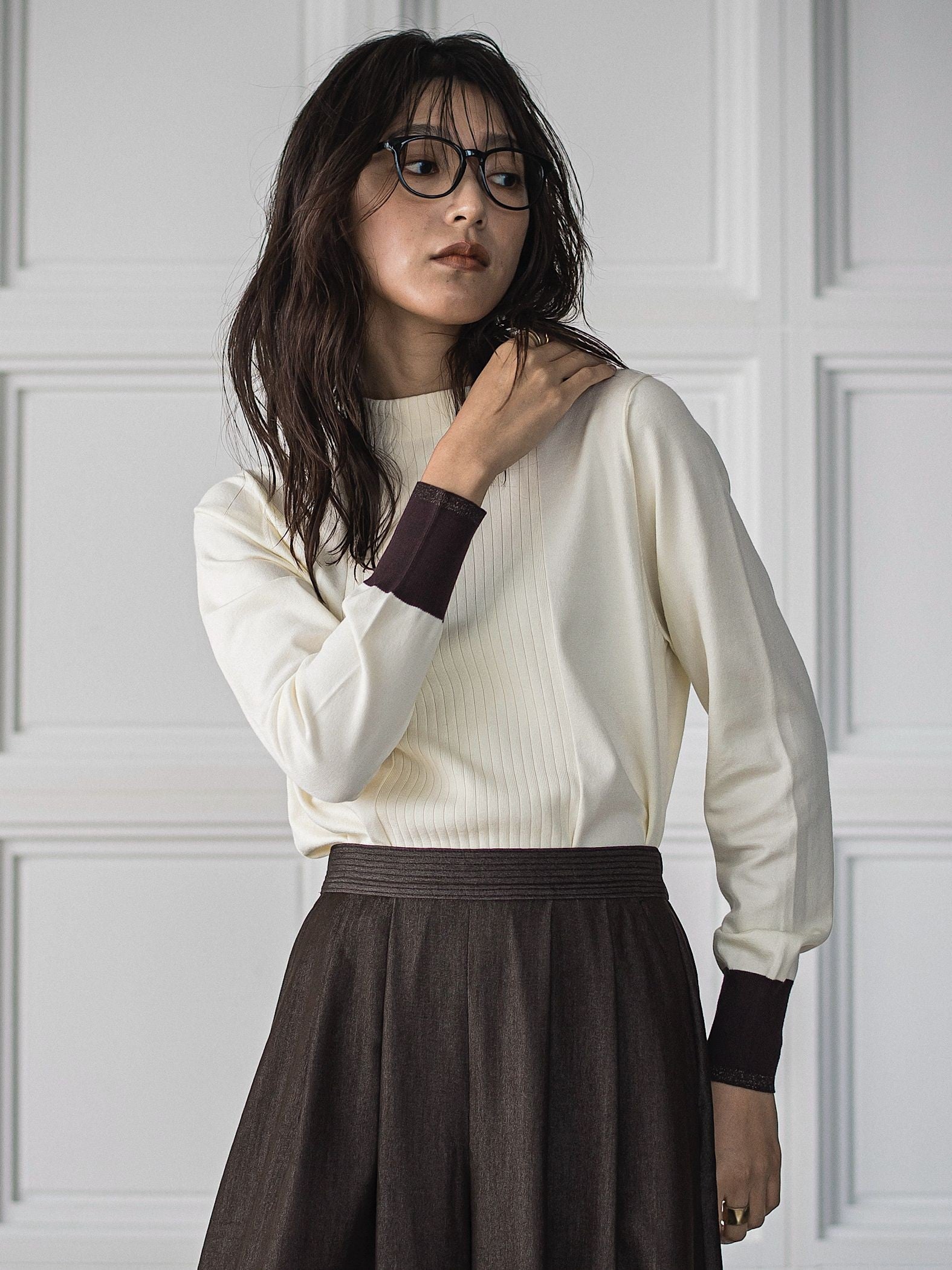 ボトルネック配色ニットプルオーバー≪手洗い可能≫