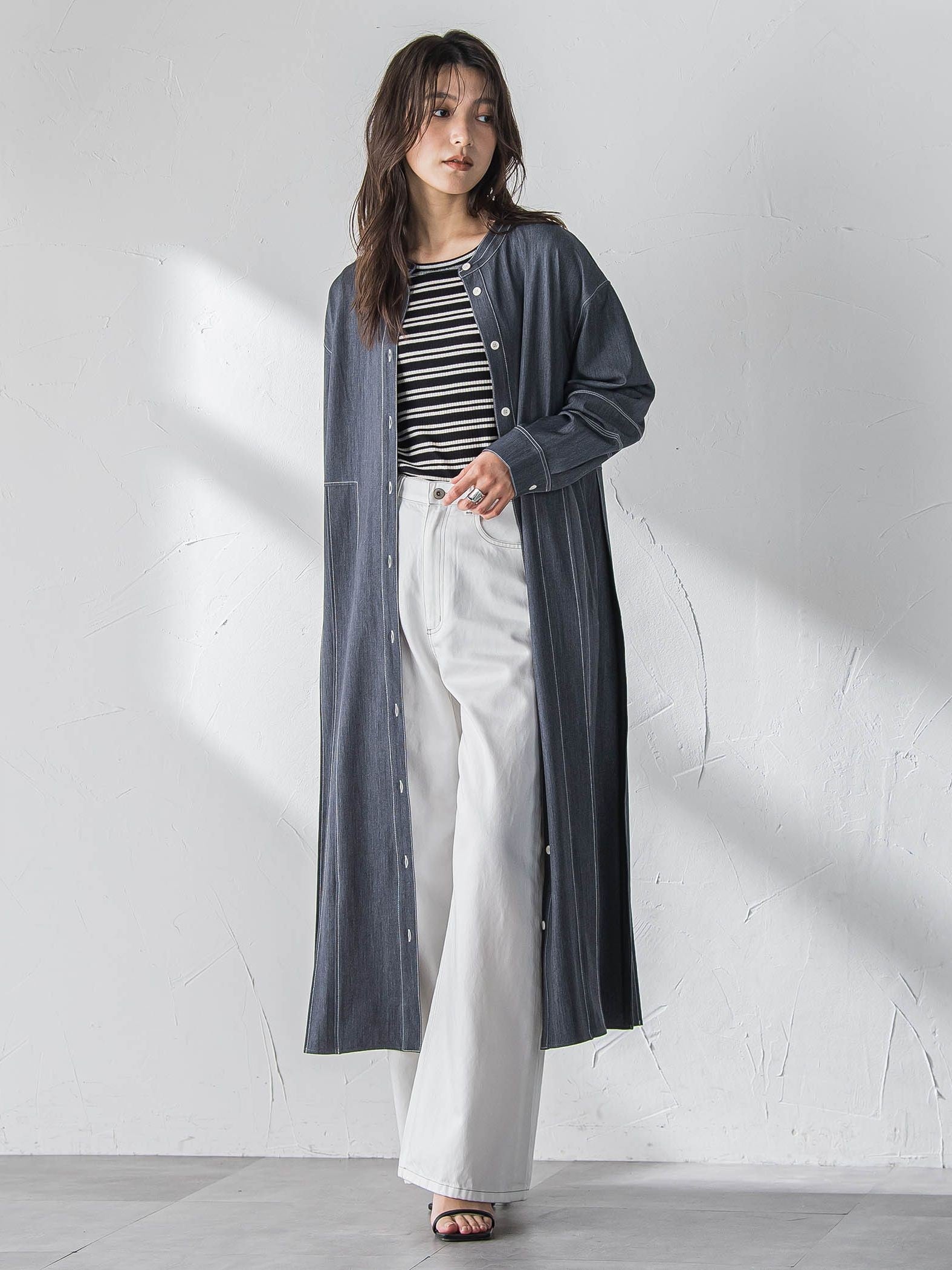 配色ステッチシャンブレーサイドプリーツワンピース≪手洗い可能≫