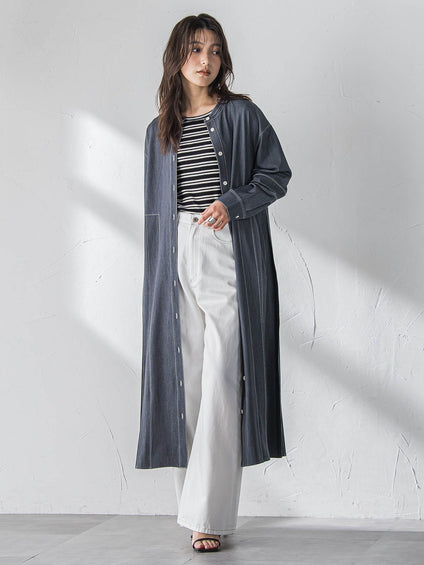 配色ステッチシャンブレーサイドプリーツワンピース≪手洗い可能≫