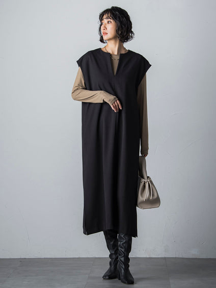 【WEB限定】【3サイズ展開】キーネックワンピース≪イージーケア/毛玉になりにくい≫