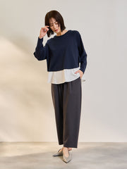 ポンチローマ異素材ラウンドヘムカットソー