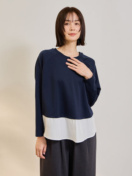 ポンチローマ異素材ラウンドヘムカットソー