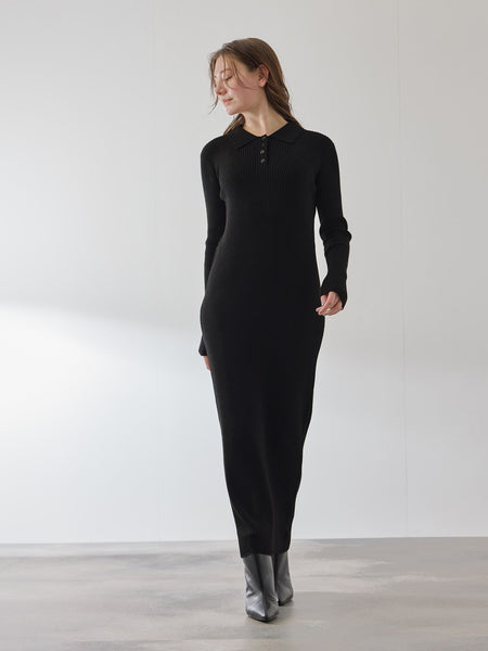 ポロカラーリブニットワンピース≪手洗い可能≫