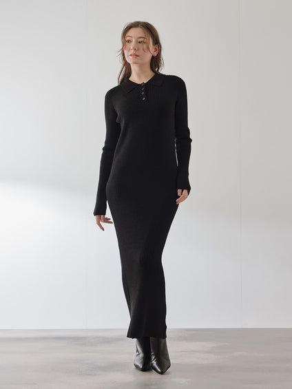 ポロカラーリブニットワンピース≪手洗い可能≫