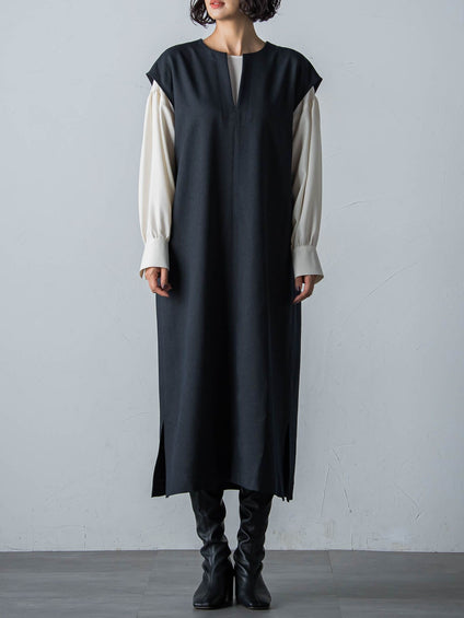 【WEB限定】【3サイズ展開】キーネックワンピース≪イージーケア/毛玉になりにくい≫