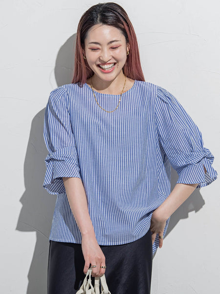 【WEB限定】ラメストライプ袖タックブラウス ≪手洗い可能≫