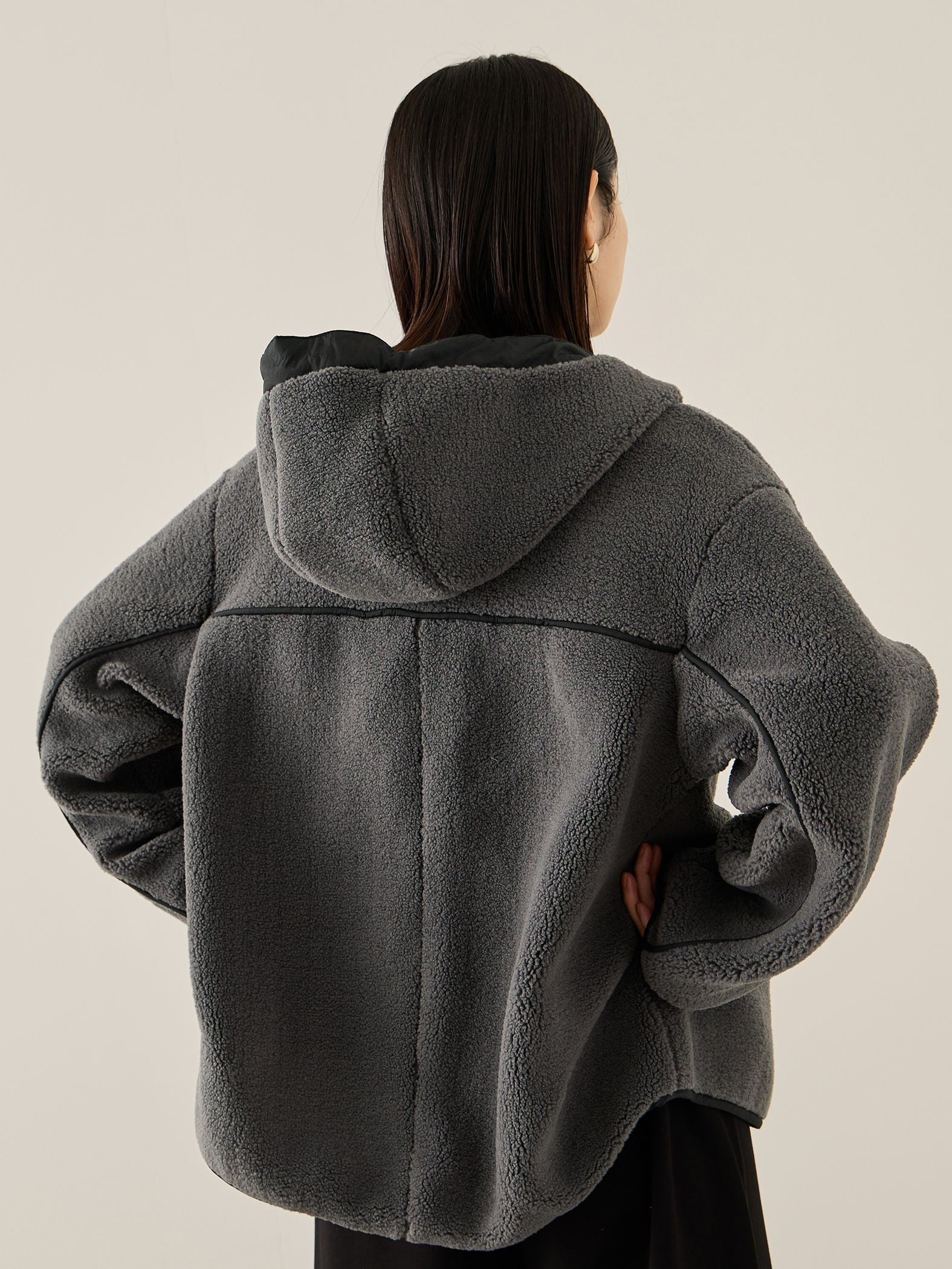 配色ボアフーディコクーンブルゾン