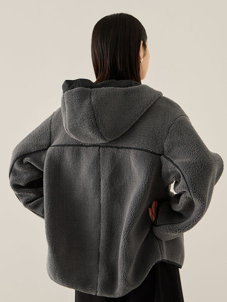 配色ボアフーディコクーンブルゾン