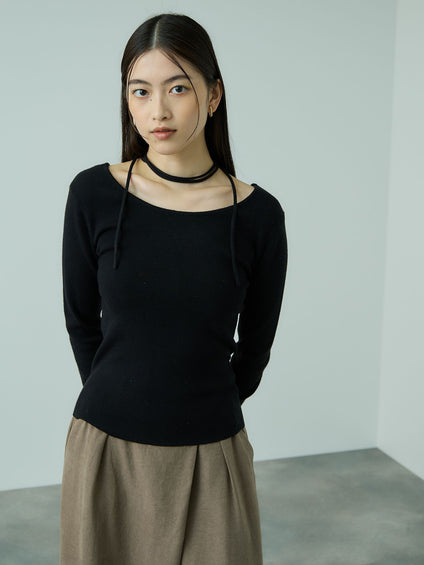 ストリング付バレエネックリブニット≪手洗い可能≫