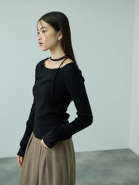 ストリング付バレエネックリブニット≪手洗い可能≫