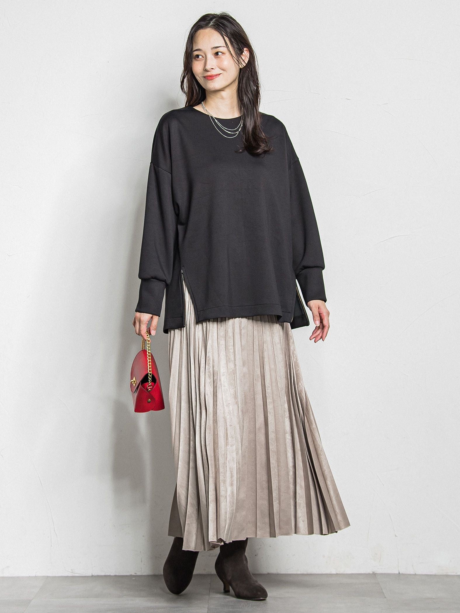 【カタログ掲載】レザーライクサテンプリーツスカート≪洗える≫