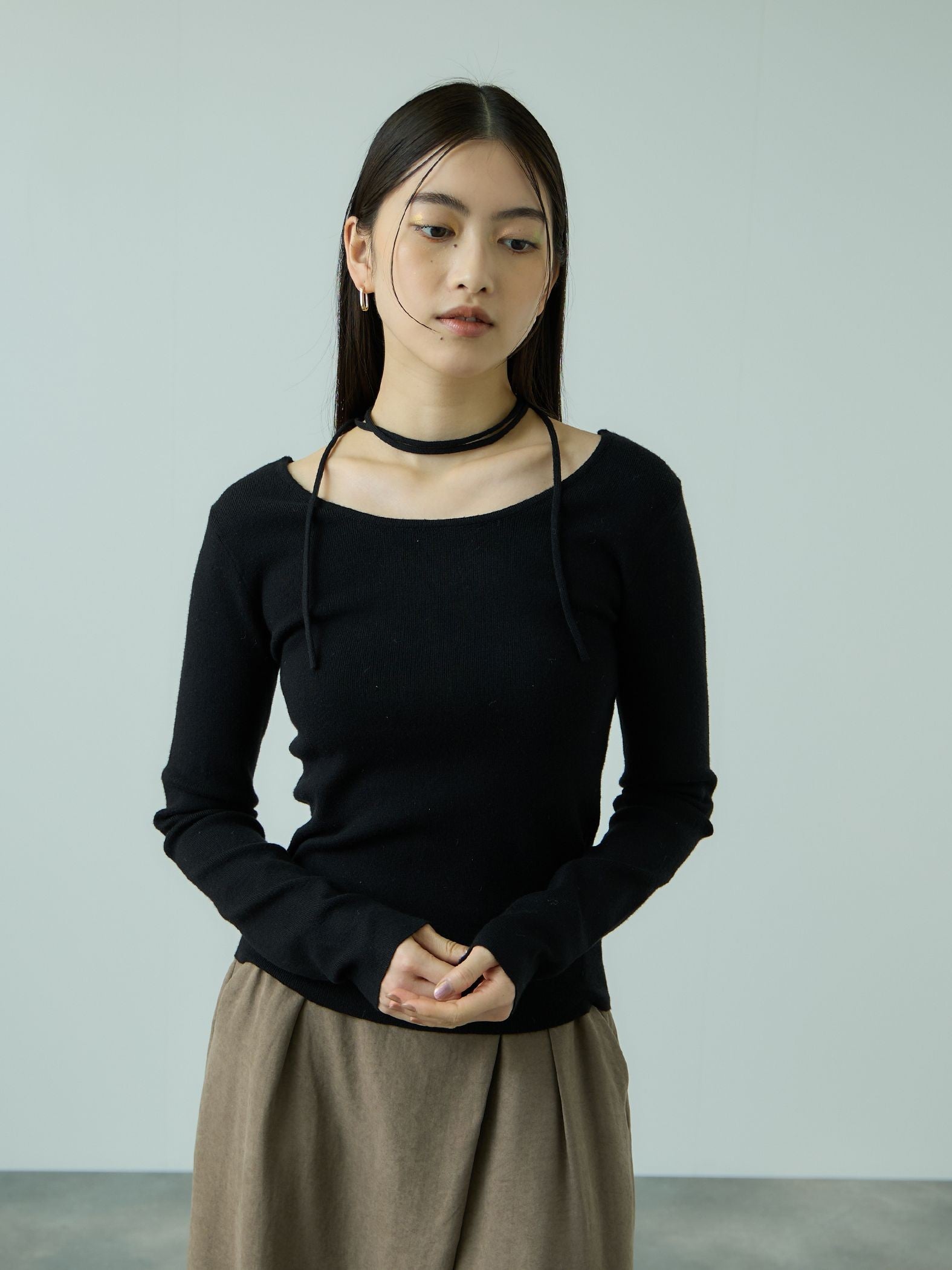 ストリング付バレエネックリブニット≪手洗い可能≫