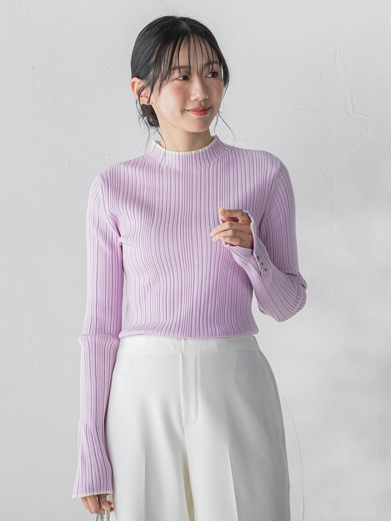 【新色追加】袖ボタンランダムリブニット≪手洗い可能≫