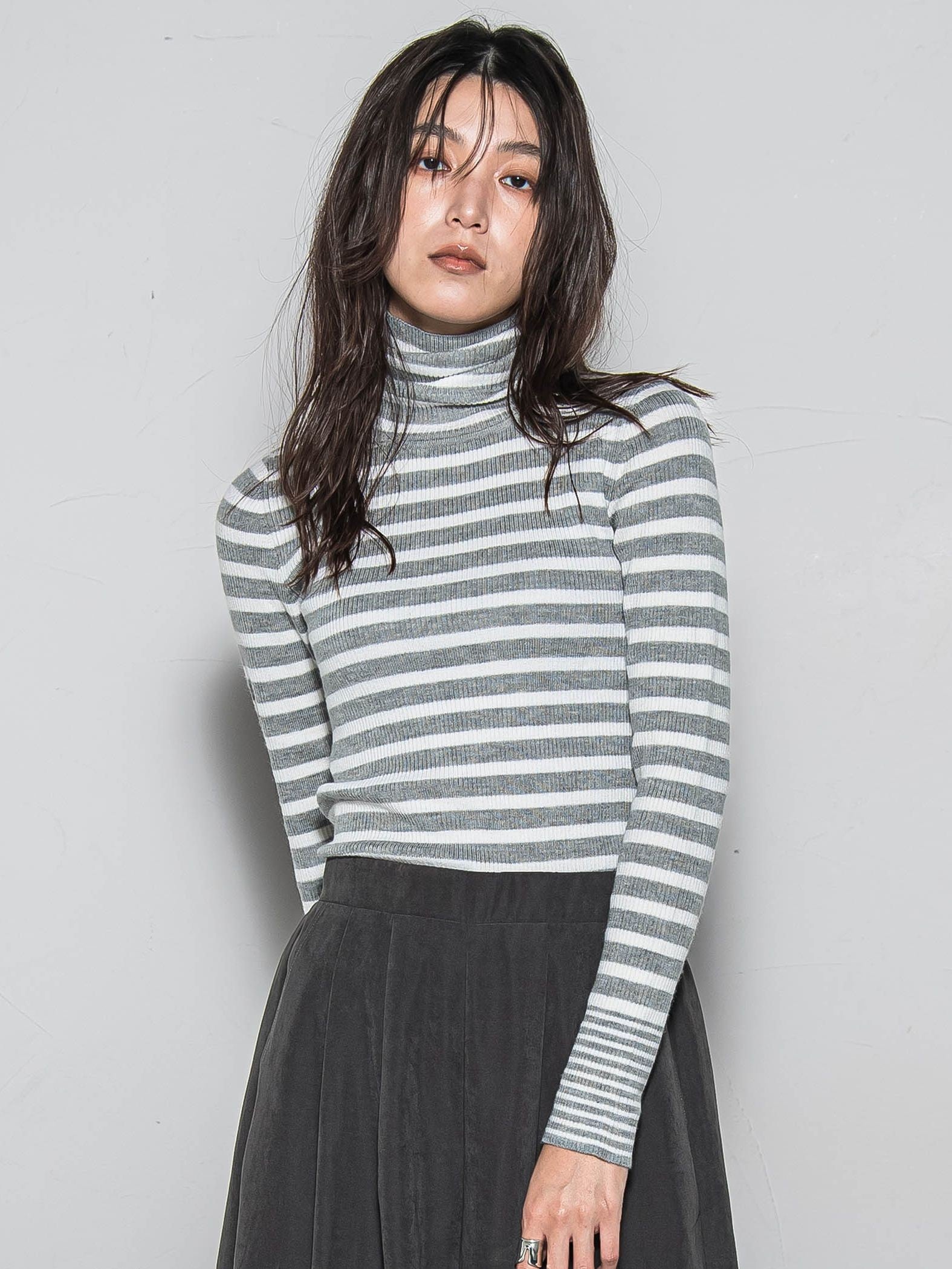 【WEB限定】タートルネックボーダーニットプルオーバー≪手洗い可能≫