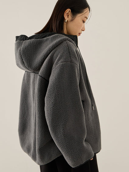 配色ボアフーディコクーンブルゾン