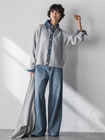 デニムレイヤード風カーディガン≪手洗い可能≫