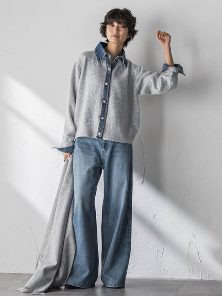 デニムレイヤード風カーディガン≪手洗い可能≫