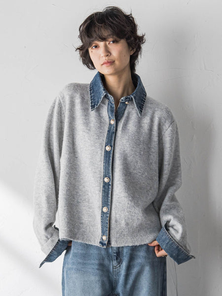 デニムレイヤード風カーディガン≪手洗い可能≫