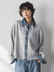 デニムレイヤード風カーディガン≪手洗い可能≫