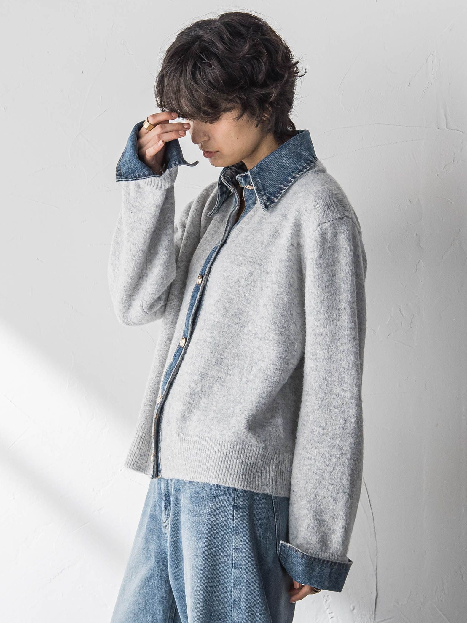デニムレイヤード風カーディガン≪手洗い可能≫