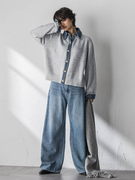 デニムレイヤード風カーディガン≪手洗い可能≫