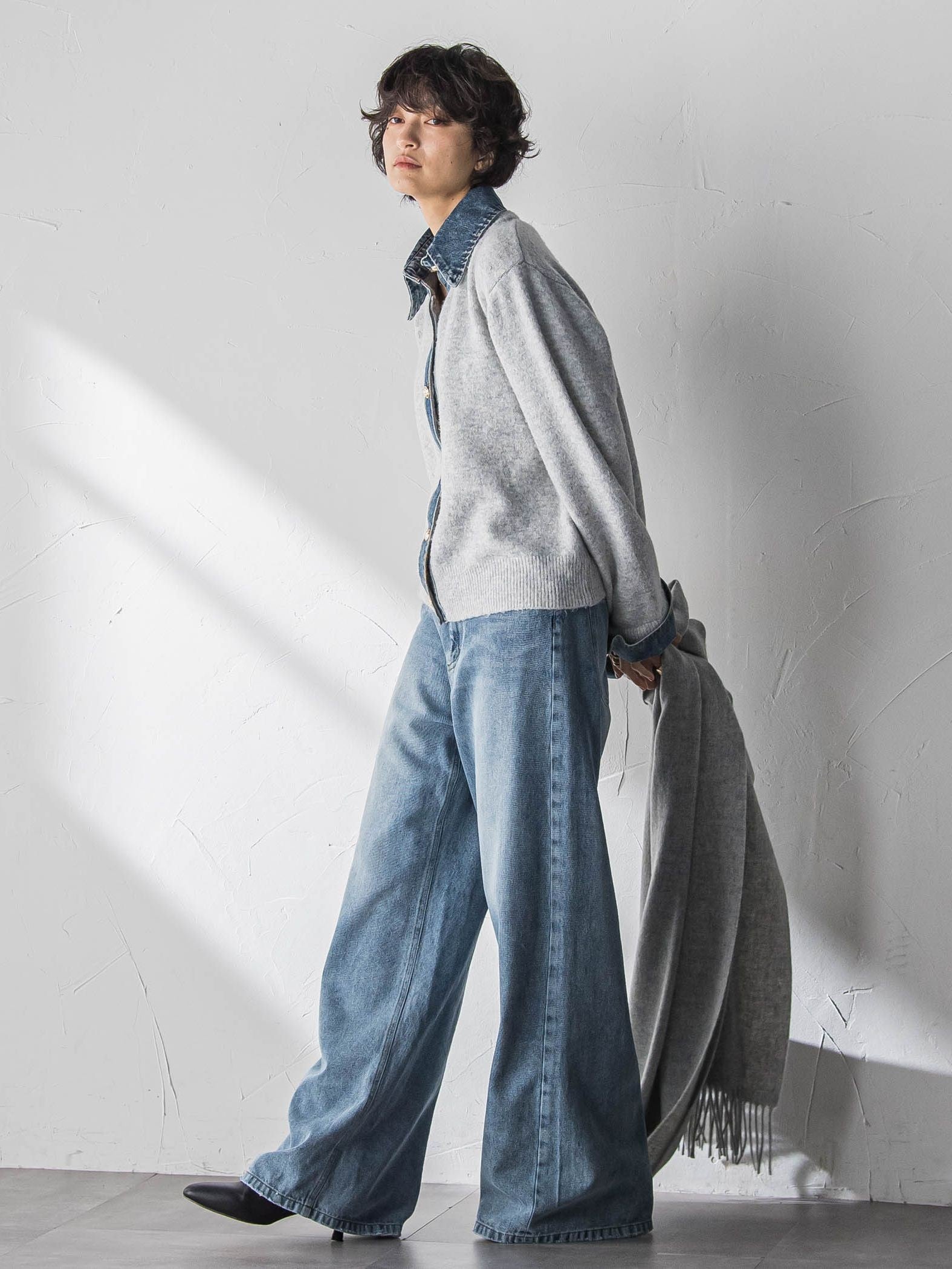 デニムレイヤード風カーディガン≪手洗い可能≫