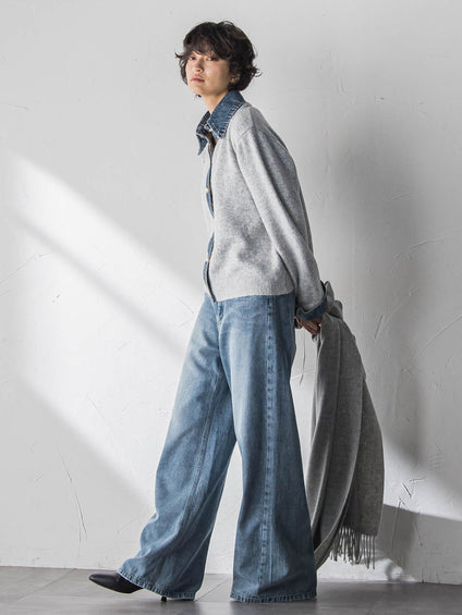 デニムレイヤード風カーディガン≪手洗い可能≫