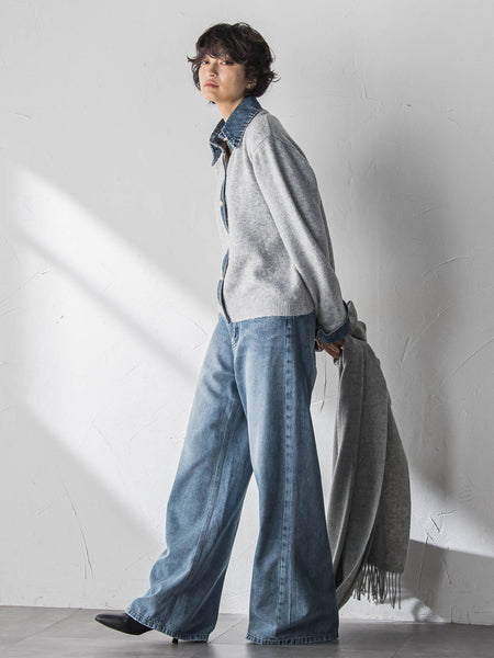 デニムレイヤード風カーディガン≪手洗い可能≫