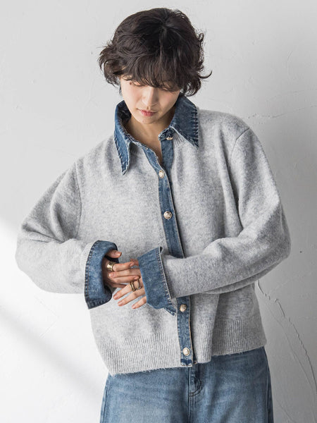 デニムレイヤード風カーディガン≪手洗い可能≫